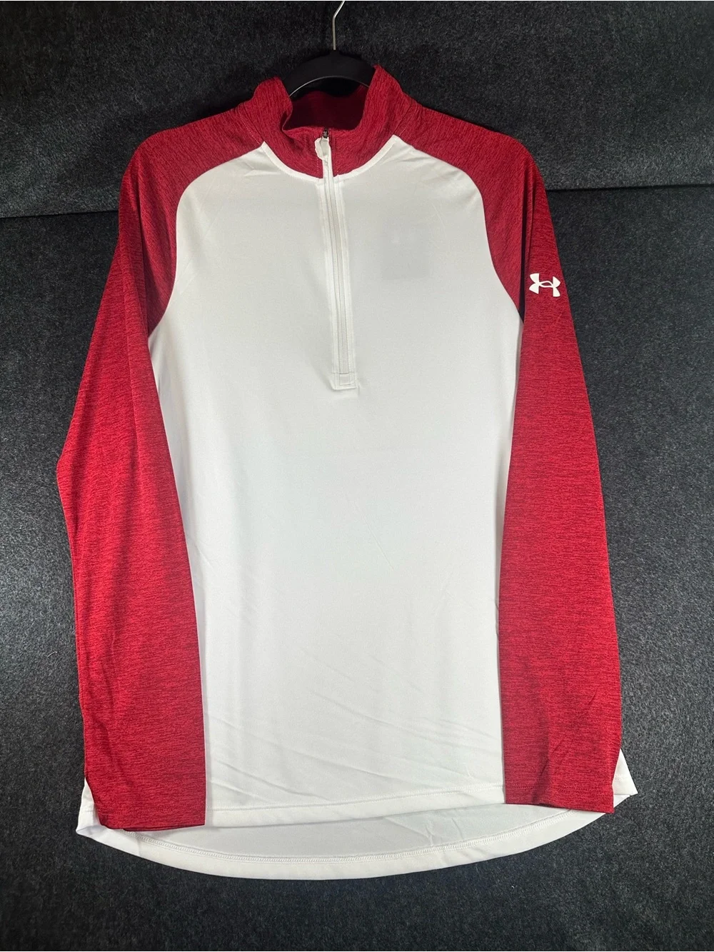 Under Armour Mens 1/4 Zip Pullover Red White Long Sleeve Loose Fit M